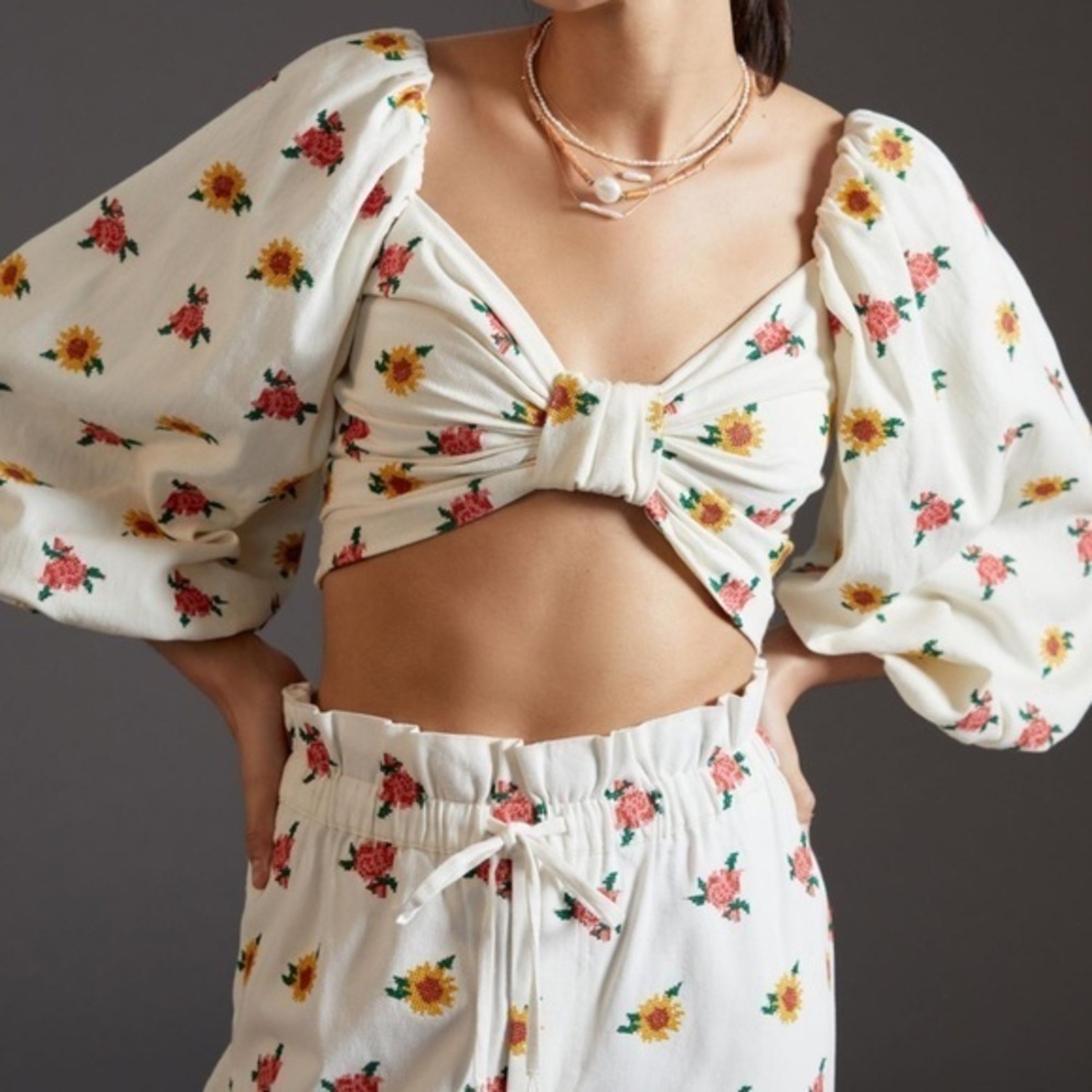 Farm Rio Embroidered Flowers Crop Top